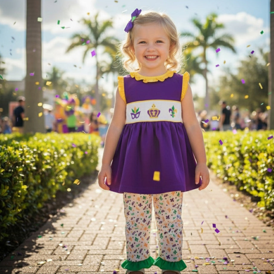 MARDI GRAS - HAND SMOCKED GIRLS PANTS SET