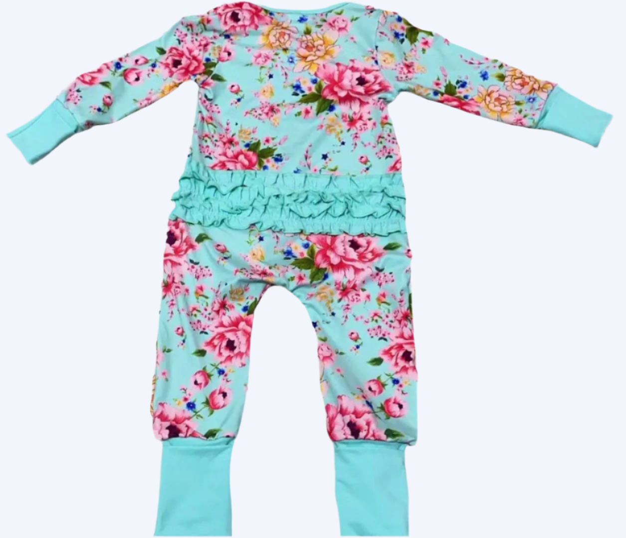 TEAL FLORAL RUFFLE BUTT SLEEPER WITH HAND AND FOOTIE COVERS