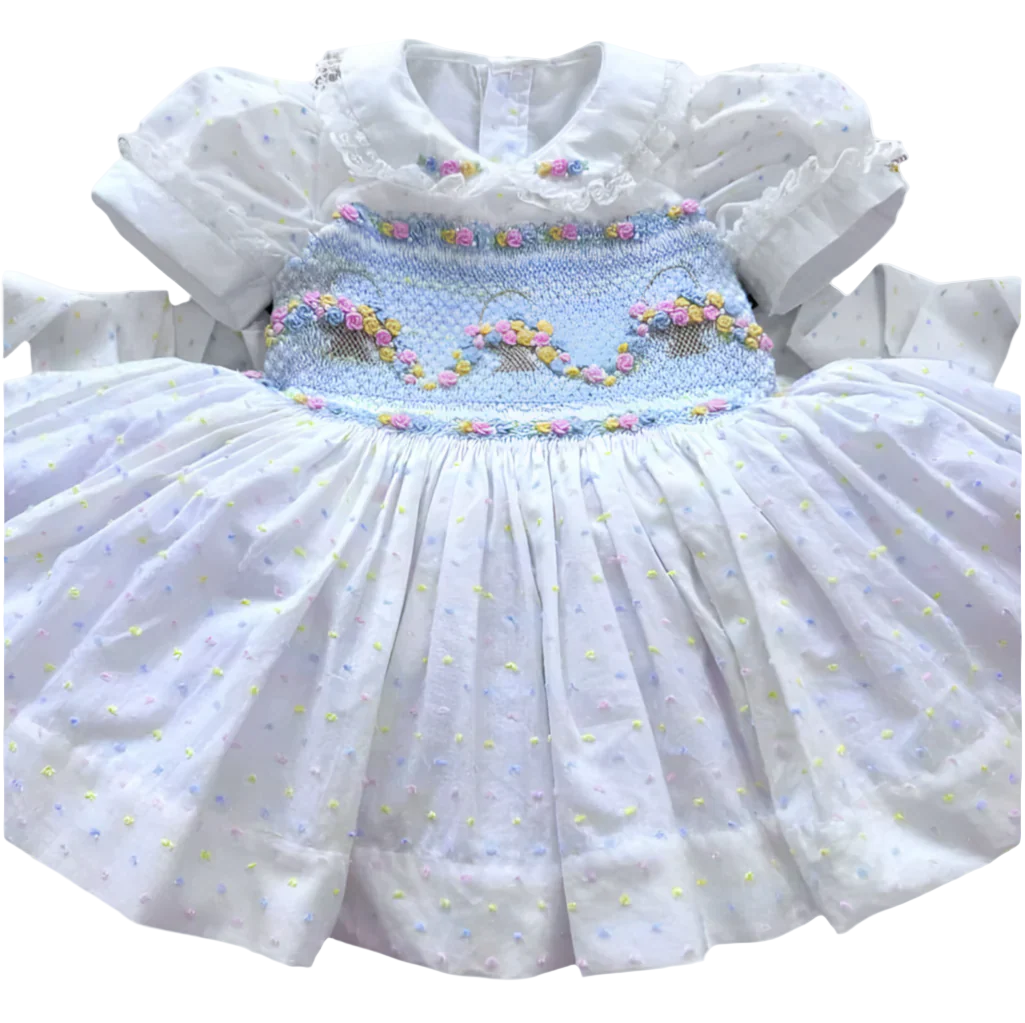 Flower Basket Blue Hand Smocked With Hand Embroidered Dress