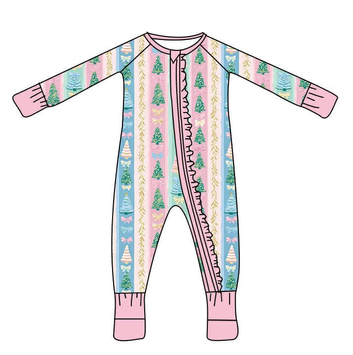 Pastel Holiday Trees Baby Bamboo Zipper Romper with Ruffles
