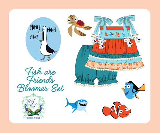 Lost Fish Friends Hand-Smocked & Embroidered Girls Ruffle Short Set