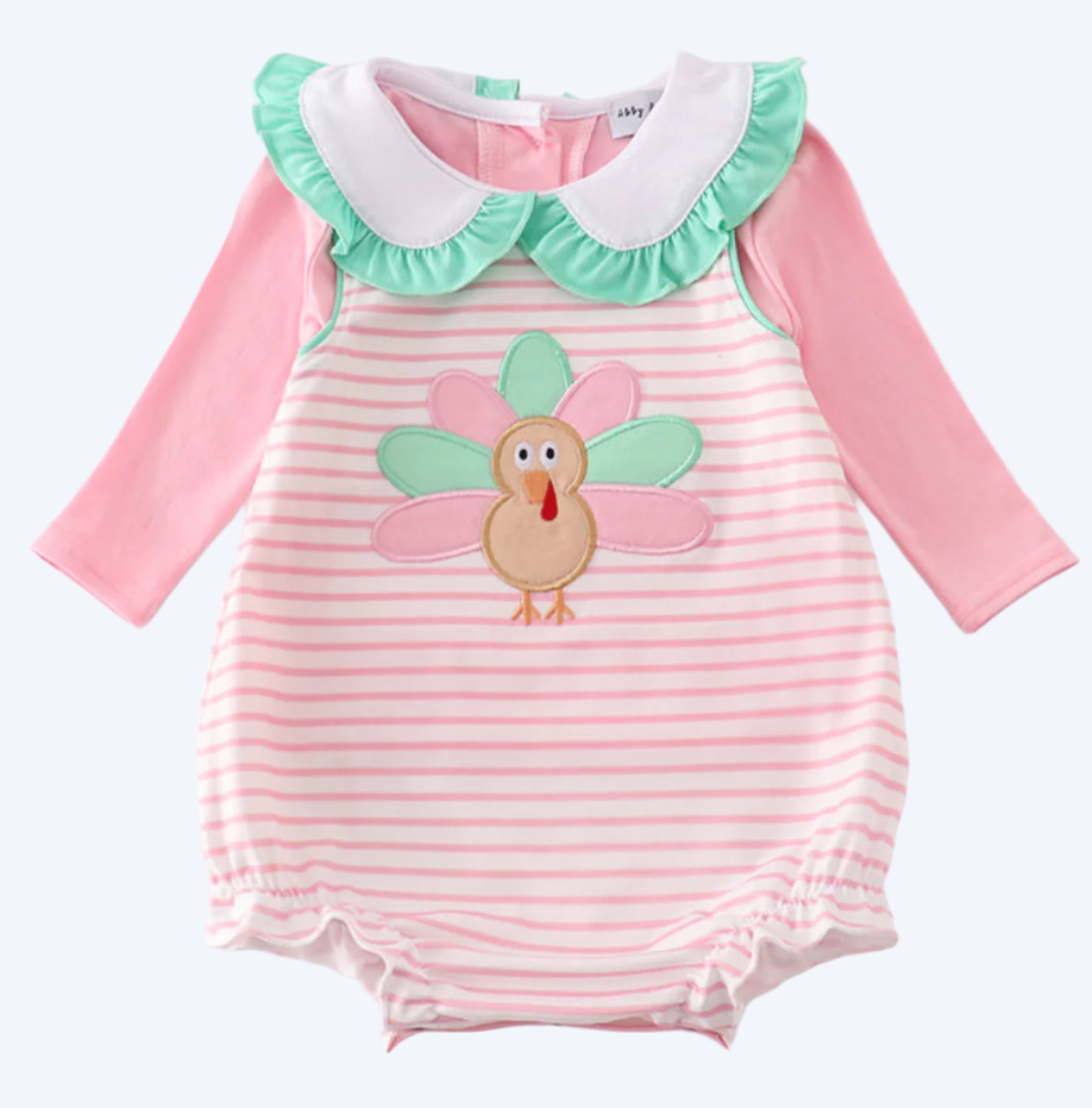THANKSGIVING - PINK STRIPE TURKEY APPLIQUÉ 2PC GIRL BUBBLE AND SHIRT SET