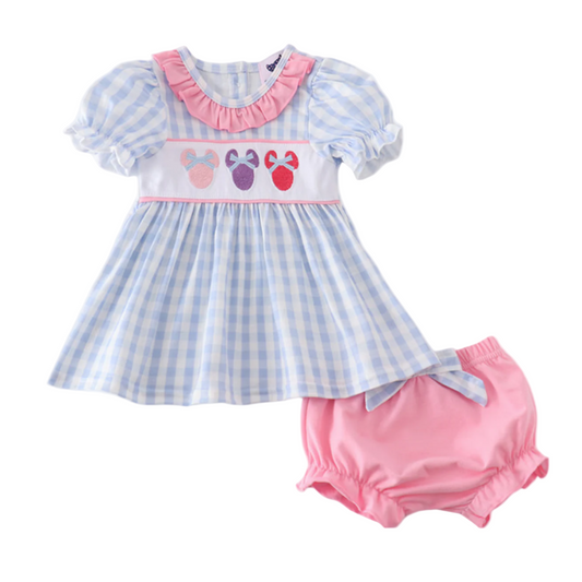Magical Mouse - Blue Character Embroidery Gingham Bloomer Set