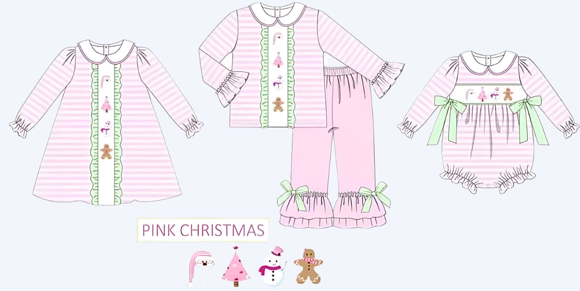 CHRISTMAS PINK - STRIPED EMBROIDERED COLLECTION - GIRLS DRESS