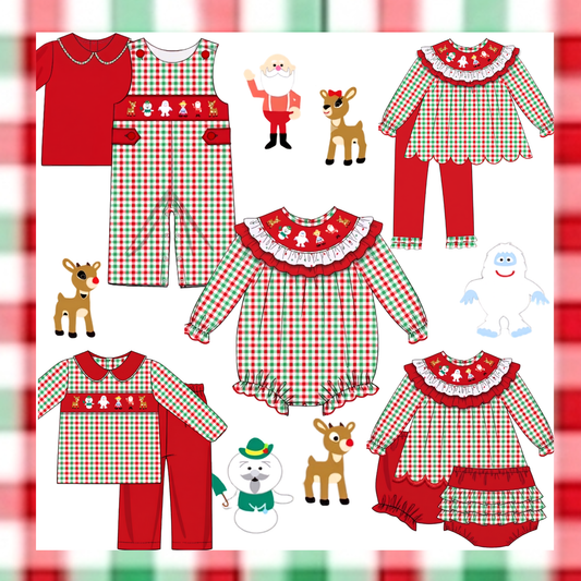 Girl's Hand Smocked Rudolph Christmas Plaid Pant Set