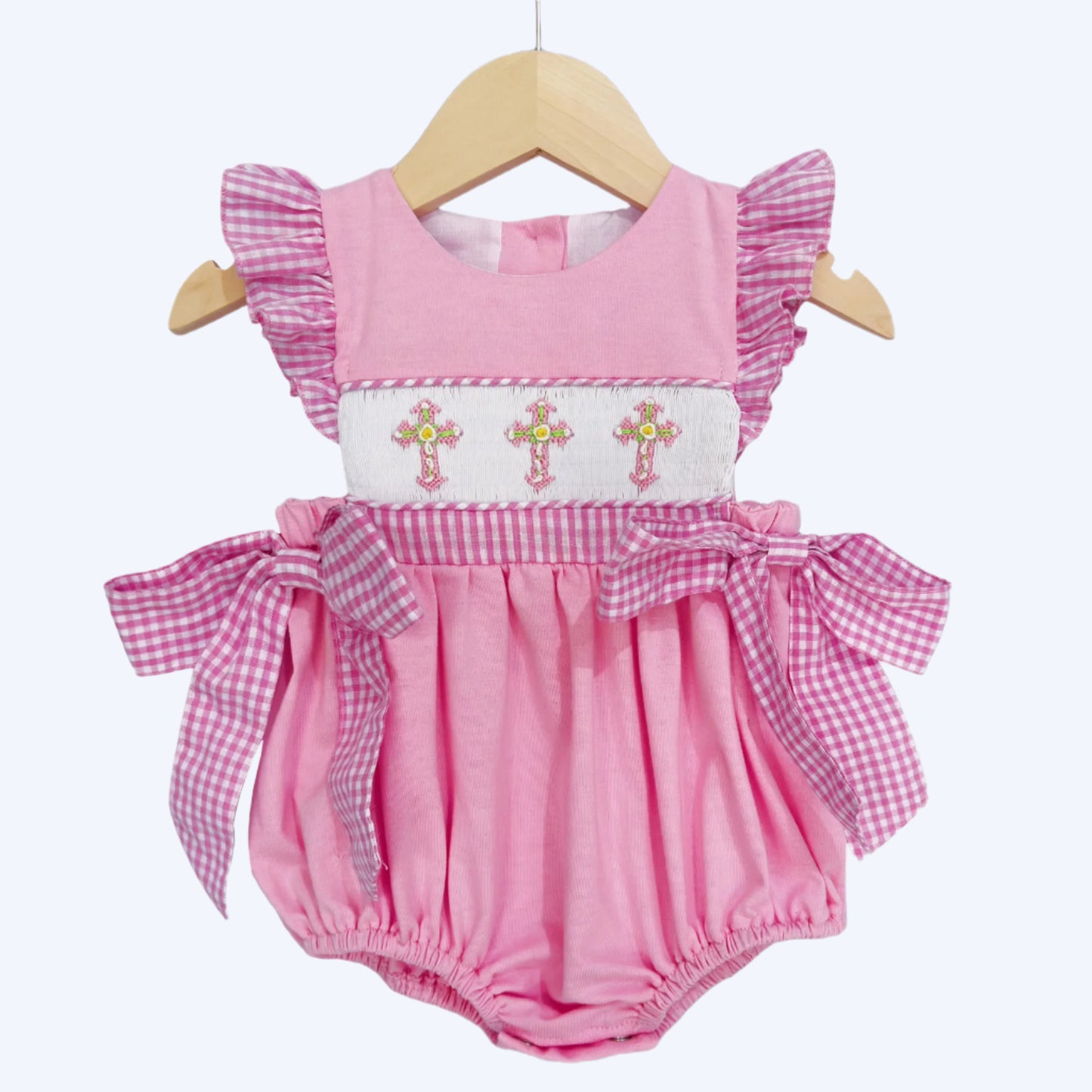 HAND SMOCKED PINK CROSSES ANGEL SLEEVES