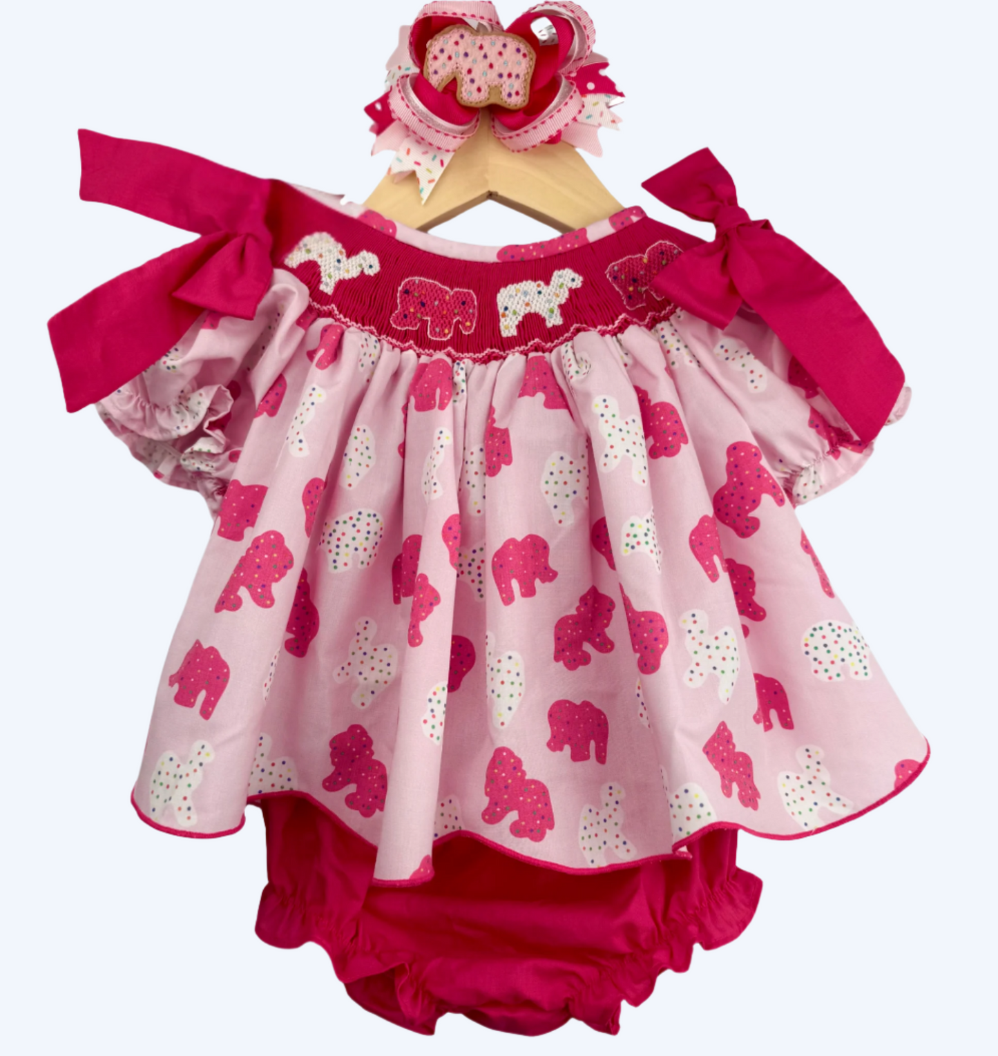HAND SMOCKED FROSTED SPRINKLE ANIMAL COOKIES BLOOMER SET