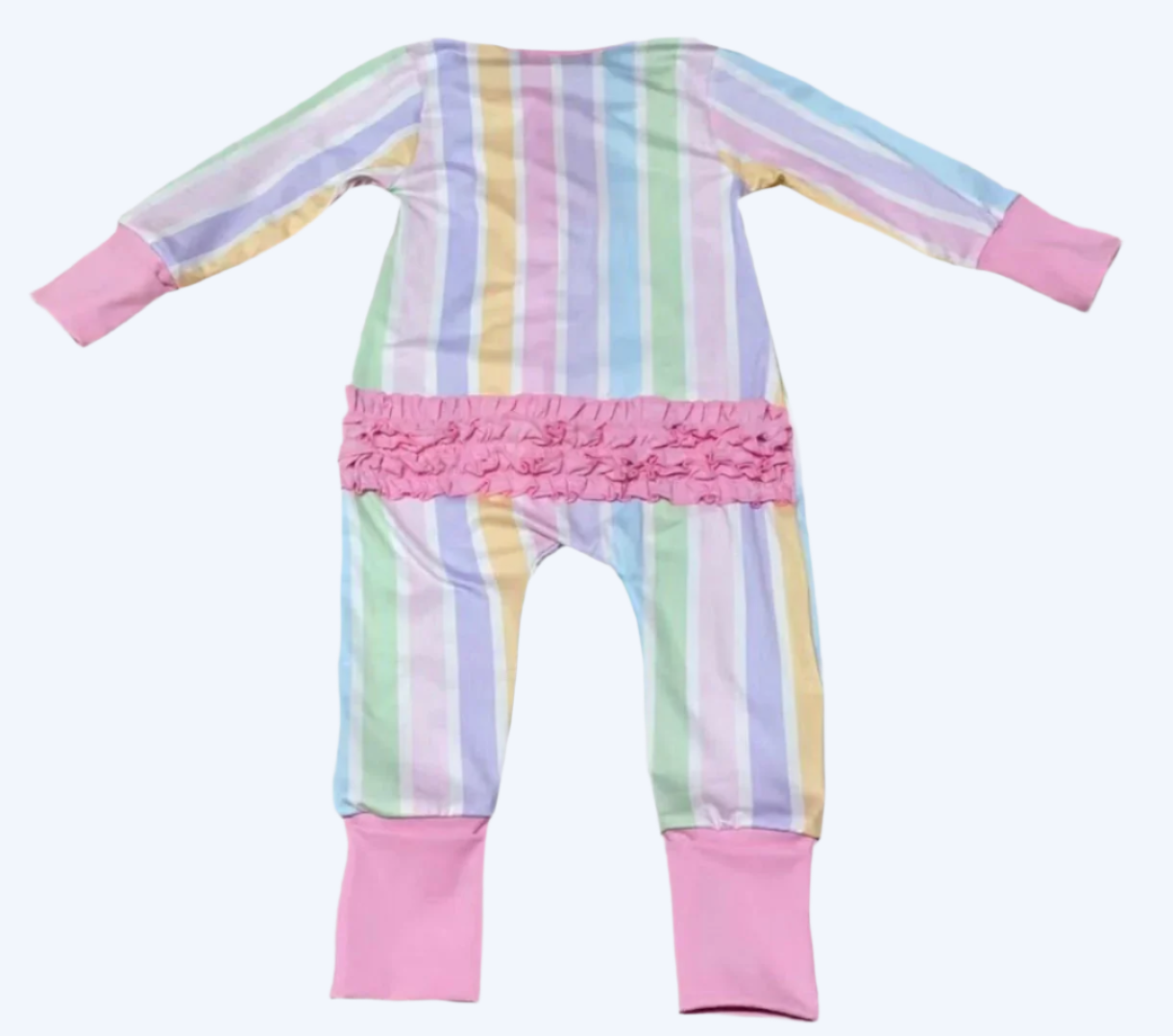 PREPPY PASTEL STRIPE RUFFLE BUTT SLEEPER ONESIE