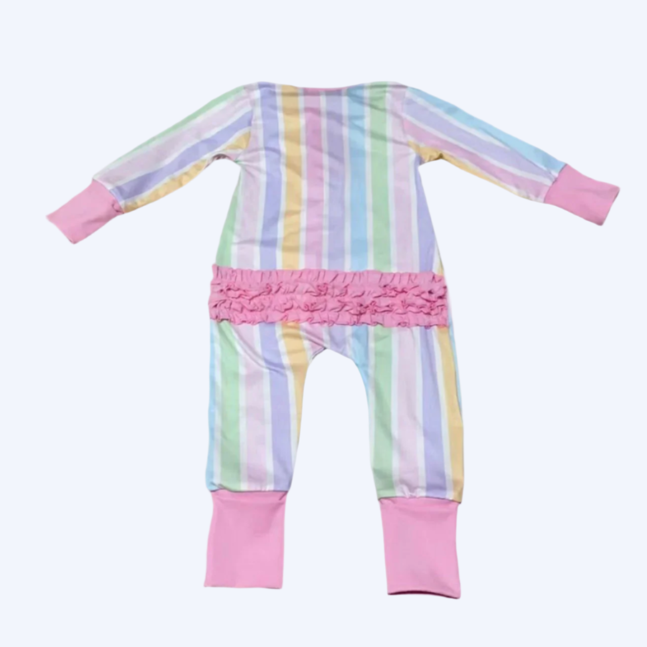PREPPY PASTEL STRIPE RUFFLE BUTT SLEEPER ONESIE