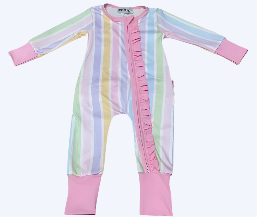 PREPPY PASTEL STRIPE RUFFLE BUTT SLEEPER ONESIE