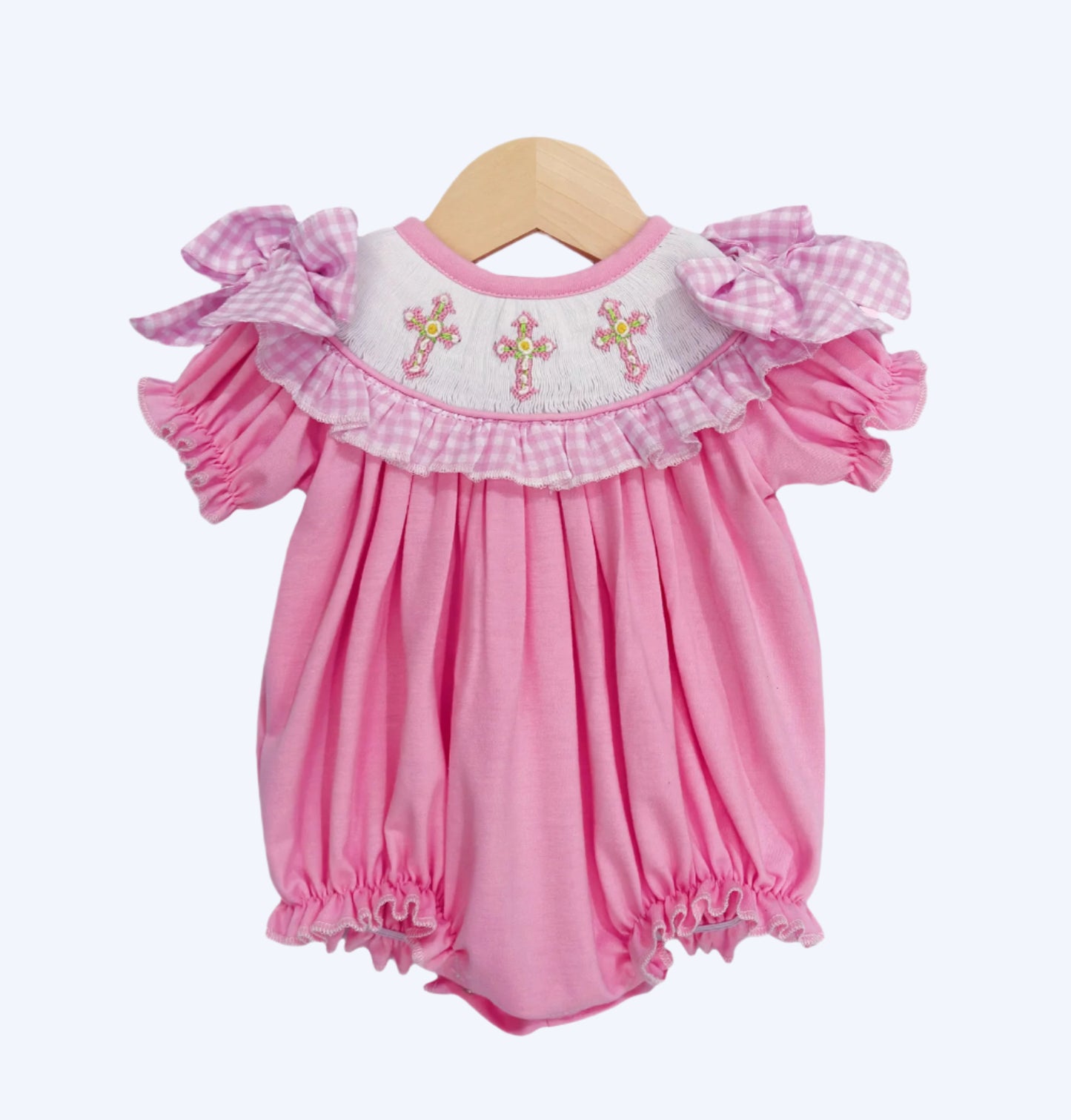 HAND SMOCKED PINK CROSSES GIRL BUBBLE
