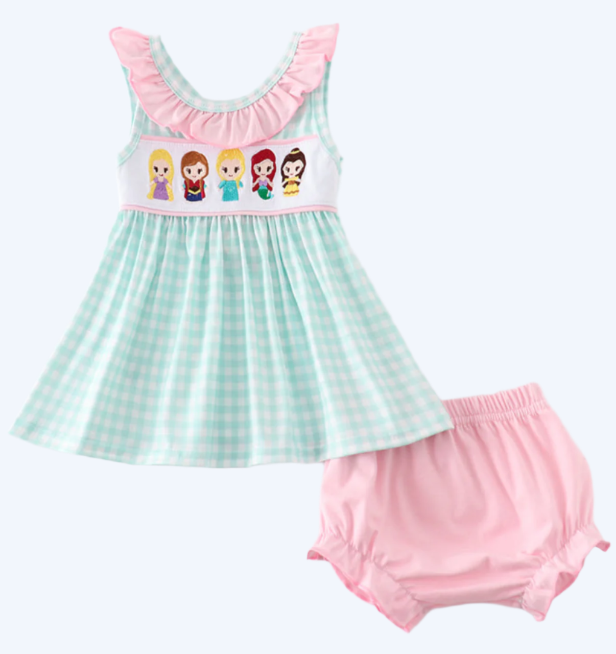 MAGICAL - BLUE PRINCESS EMBROIDERY GIRL GINGHAM BLOOMER SET