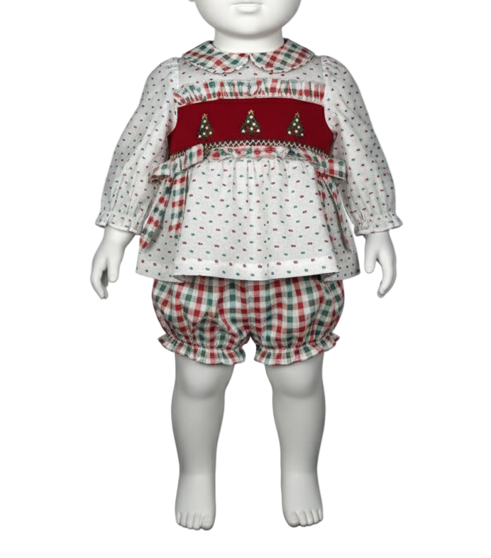 GIRLS HAND SMOCKED SWISS DOT CHRISTMAS TREE BLOOMER SET