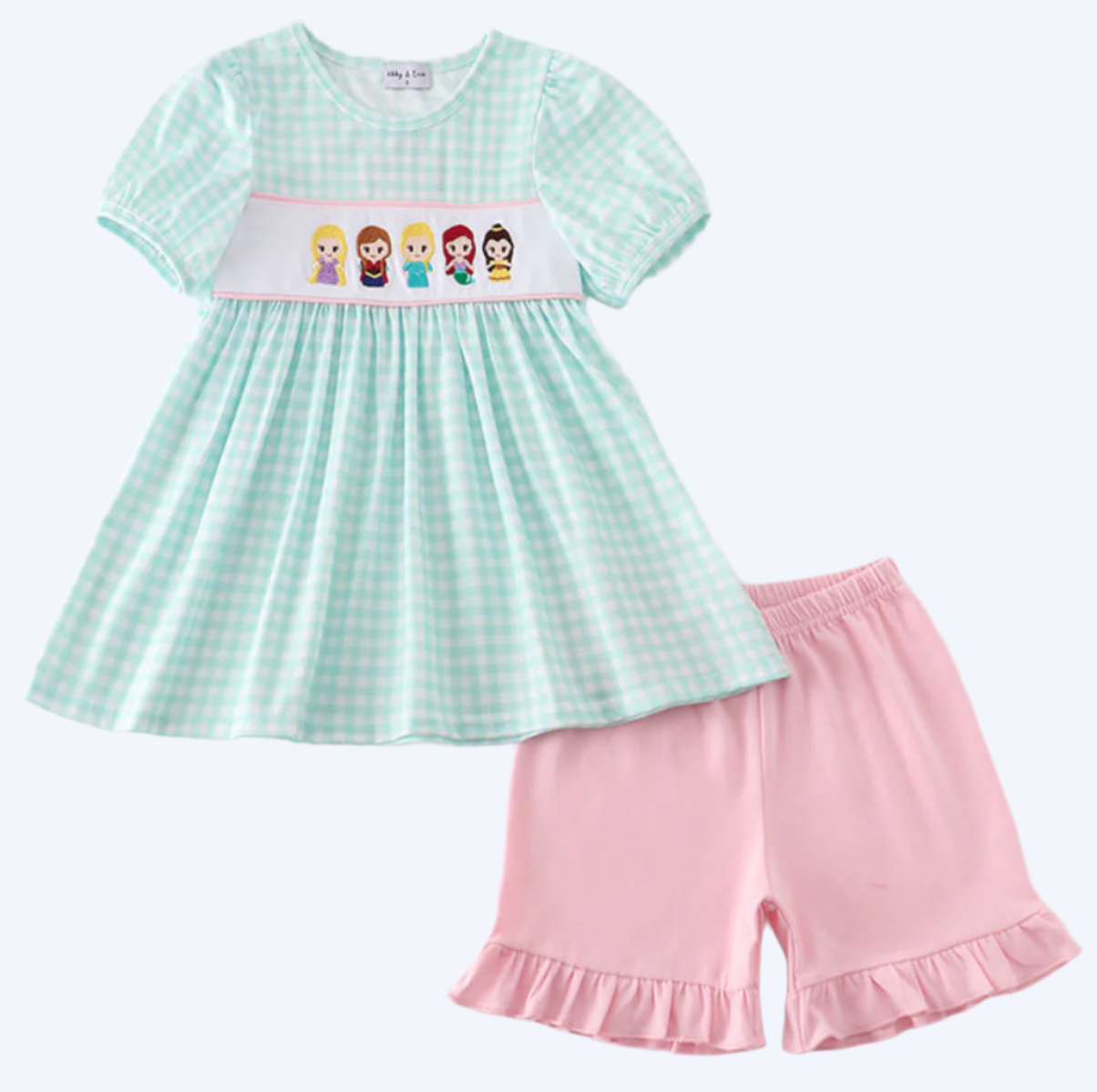 MAGICAL - BLUE PRINCESS EMBROIDERY GIRL GINGHAM SHORTS SET