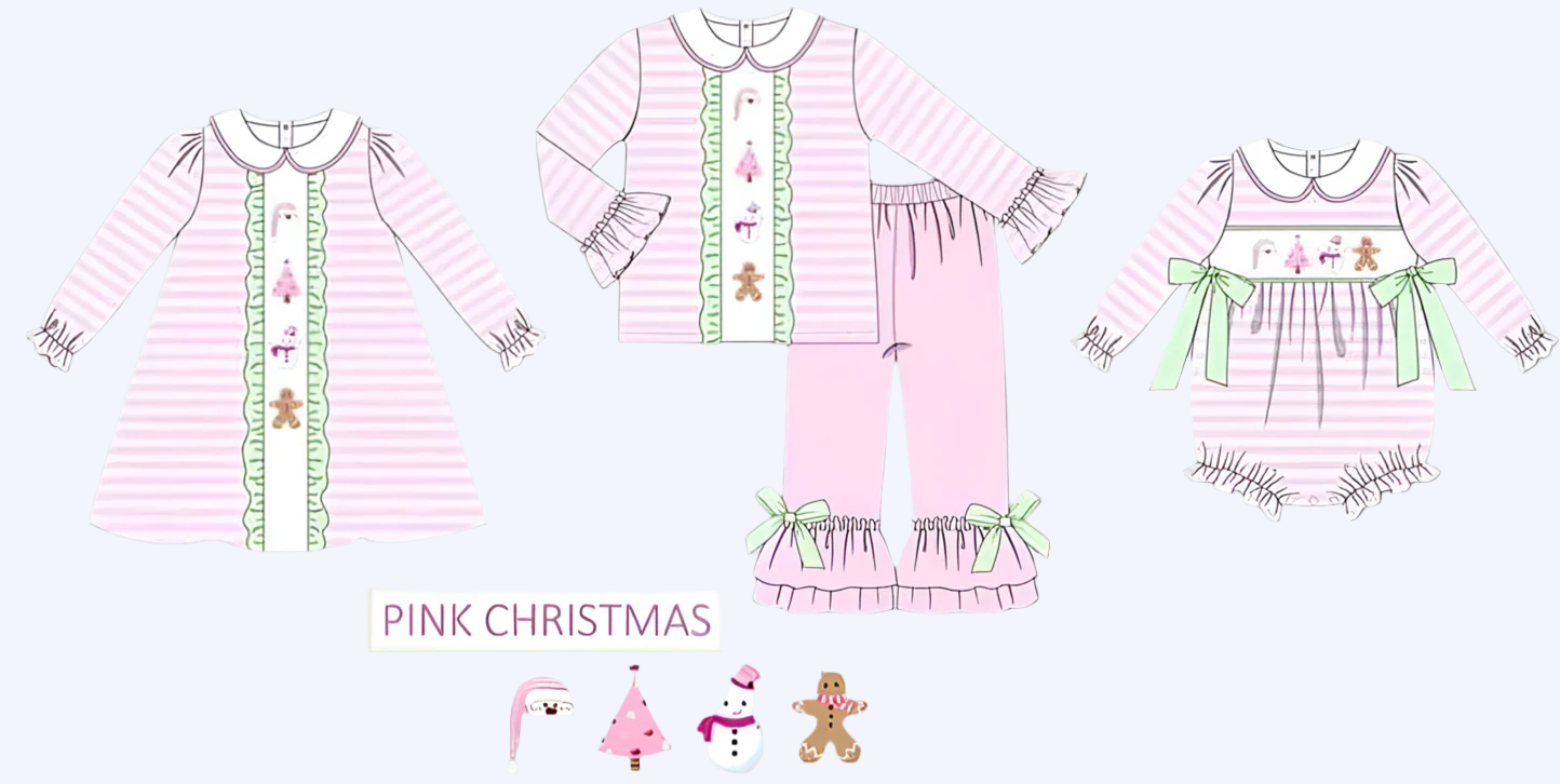 CHRISTMAS PINK STRIPED EMBROIDERED COLLECTION - GIRLS PANTS SET