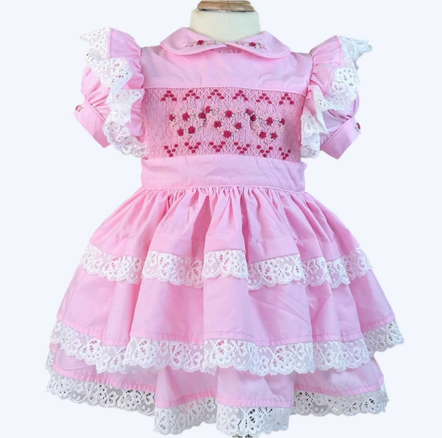 PINK 2PC DRESS WITH DETACHABLE APRON - HAND SMOCKED WITH HAND EMBROIDERED DRESS - ETA JULY