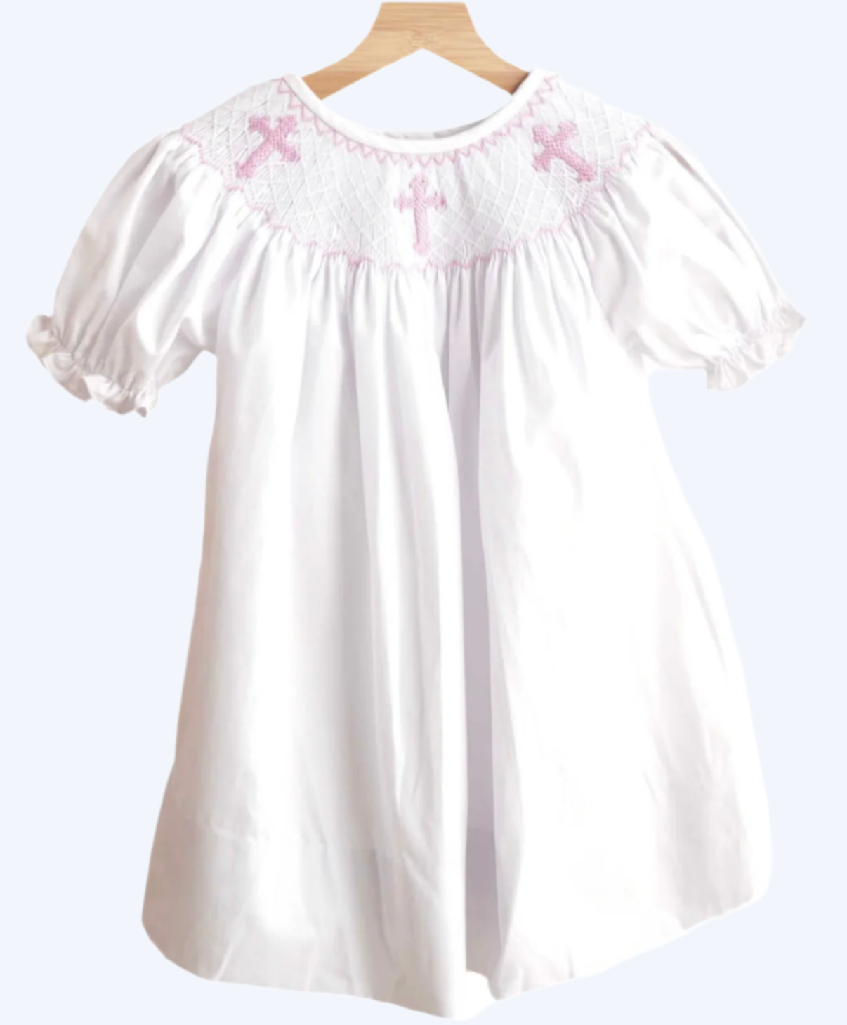 SUNDAY BEST - HANDSMOCKED PINK HAND EMBROIDERED CROSSES DRESS