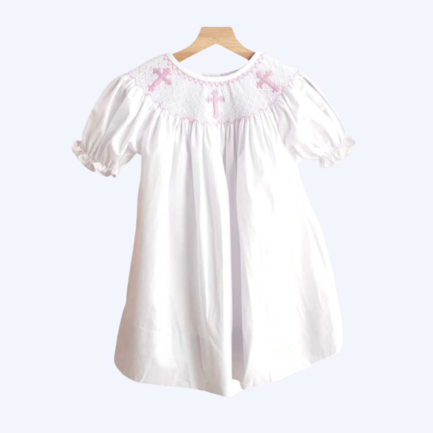 SUNDAY BEST - HANDSMOCKED PINK HAND EMBROIDERED CROSSES DRESS