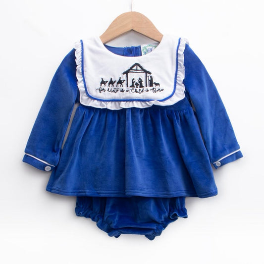 For Unto Us A Child Is Born - Nativity - Velour Blue Christmas Bloomer Set