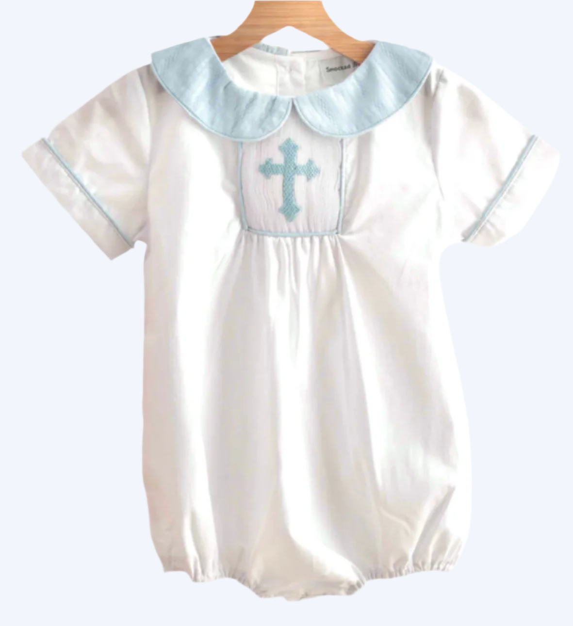 SUNDAY BEST - HAND SMOCKED HAND EMBROIDERED BOYS BLUE CROSS BUBBLE