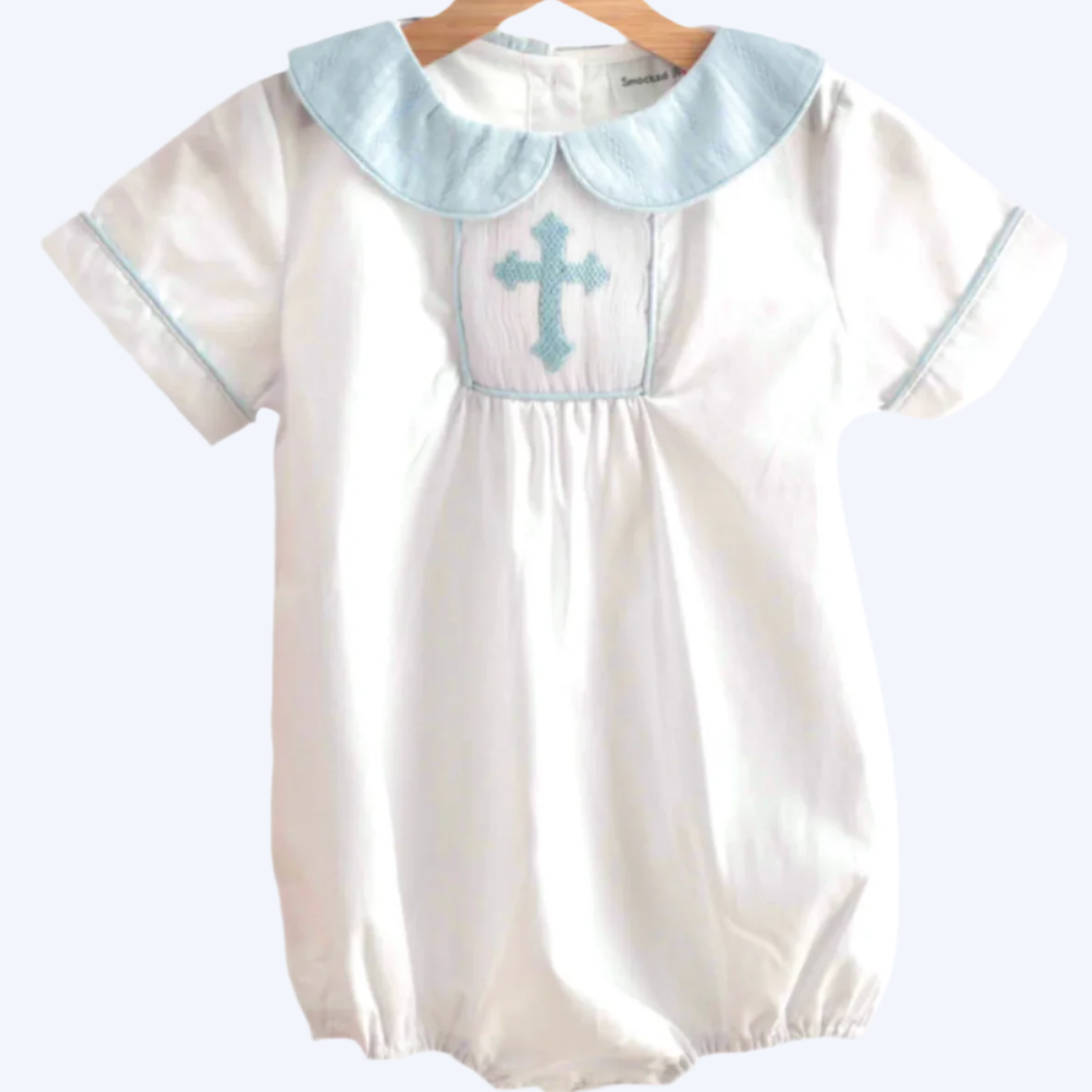 SUNDAY BEST - HAND SMOCKED HAND EMBROIDERED BOYS BLUE CROSS BUBBLE