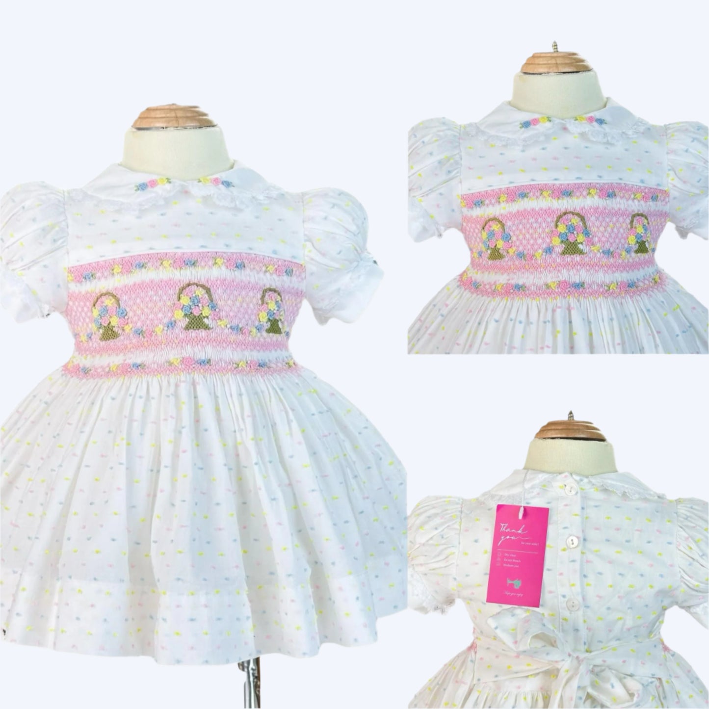 PINK FLOWER BASKET HAND SMOCKED WITH HAND EMBROIDERED DRESS