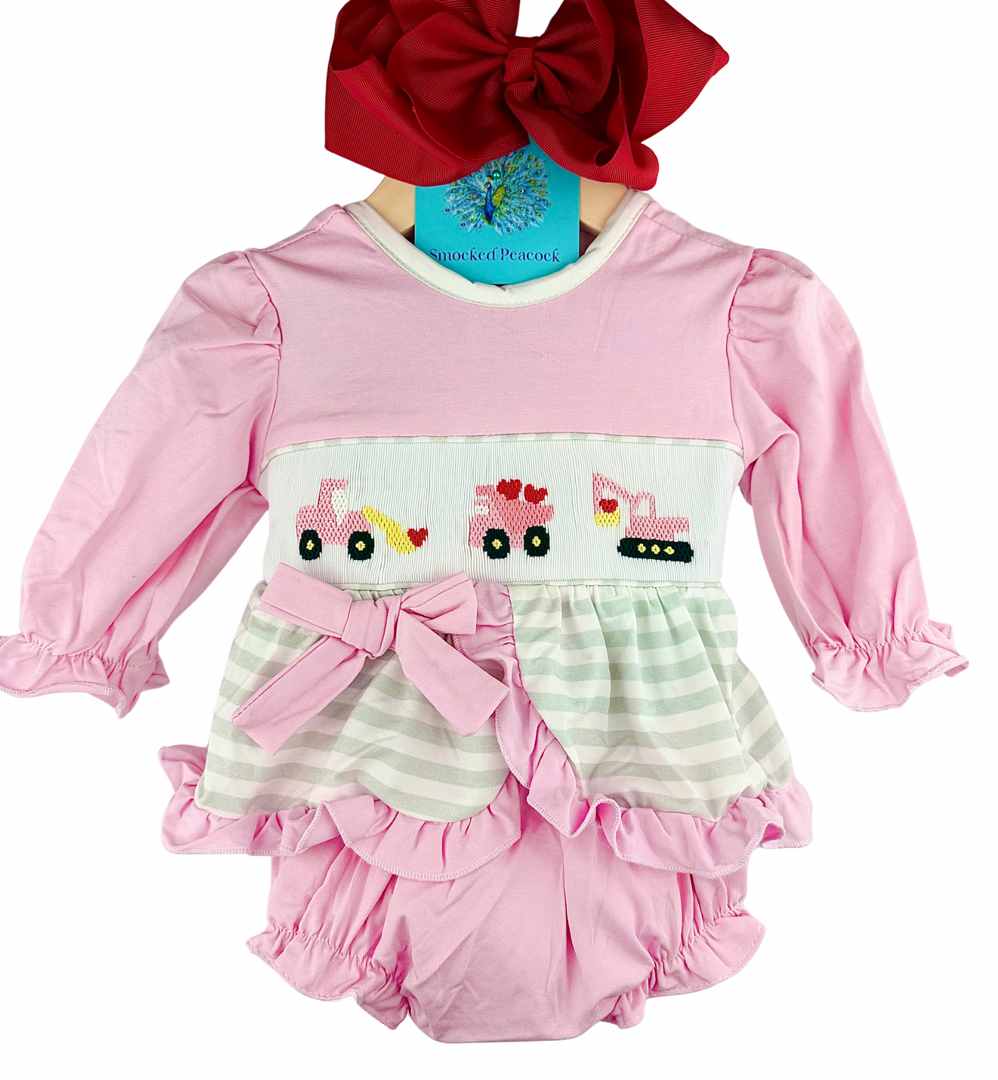 Valentines Day Construction Hearts - hand smocked - girl bloomer set