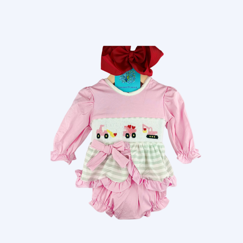 VALENTINES DAY CONSTRUCTION HEARTS - HAND SMOCKED - GIRL BLOOMER SET