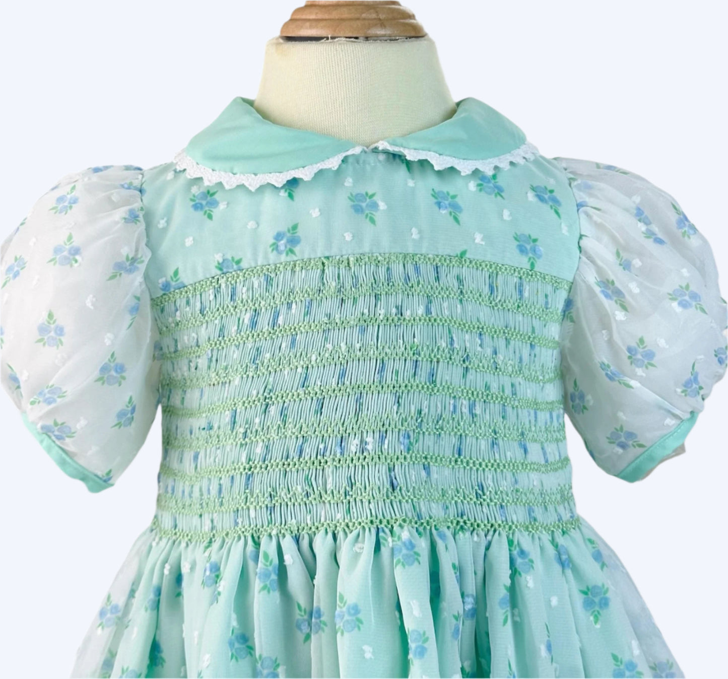 JENNY’S MINT CHIFFON SWISS DOT ROSE HAND SMOCKED DRESS