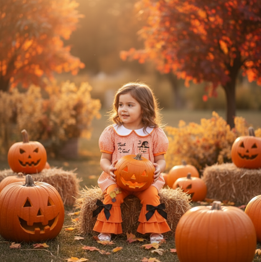 HALLOWEEN - ORANGE GINGHAM EMBROIDERY GIRL PANTS SET