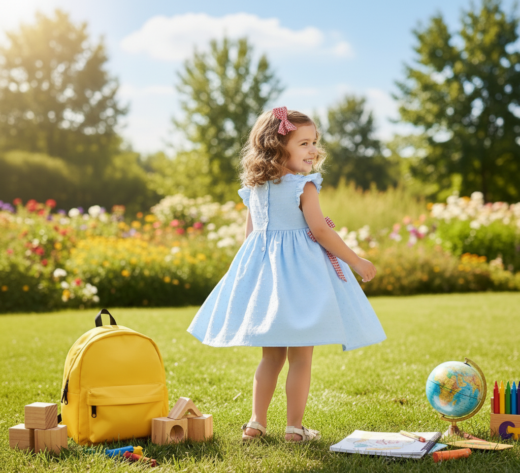BACK TO SCHOOL SWISS DOT DRESS - EMBROIDERED