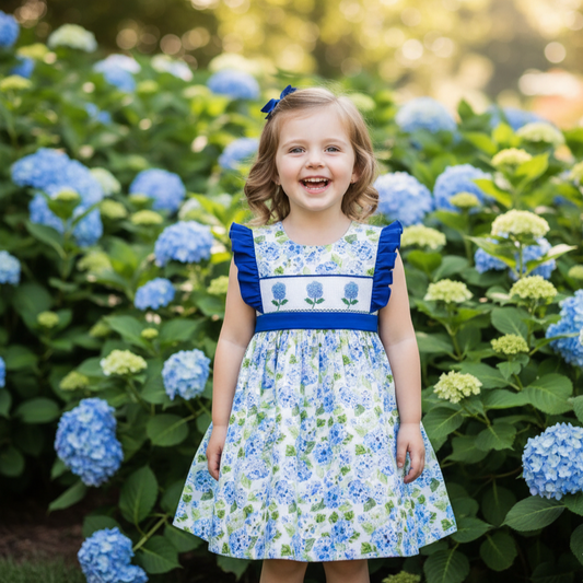 BLUE HYDRANGEAS, DRESS HAND, SMOCKED HAND EMBROIDERY