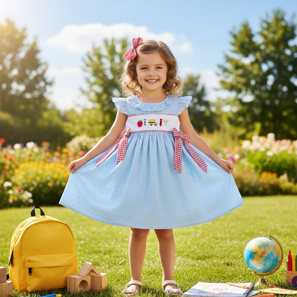 BACK TO SCHOOL SWISS DOT DRESS - EMBROIDERED