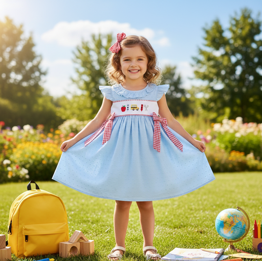 BACK TO SCHOOL SWISS DOT DRESS - EMBROIDERED
