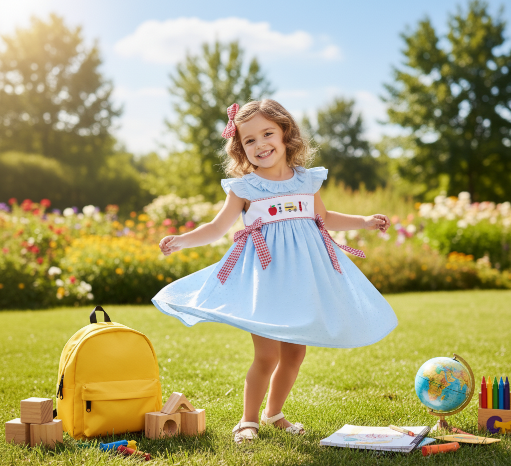 BACK TO SCHOOL SWISS DOT DRESS - EMBROIDERED