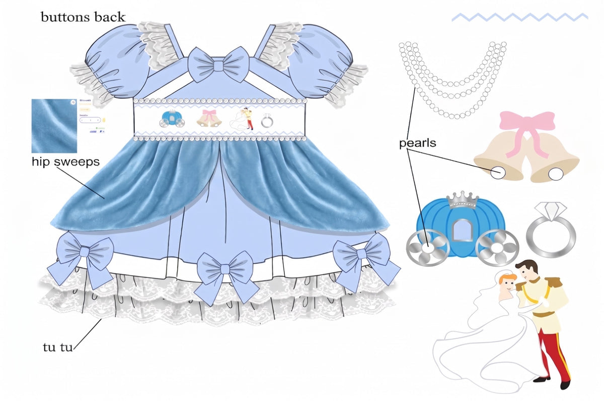 Girls Hand-Smocked Storybook Princess Dress - Blue Brocade