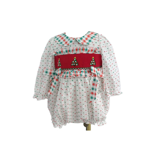 GIRLS HAND SMOCKED SWISS DOT CHRISTMAS TREE BUBBLE