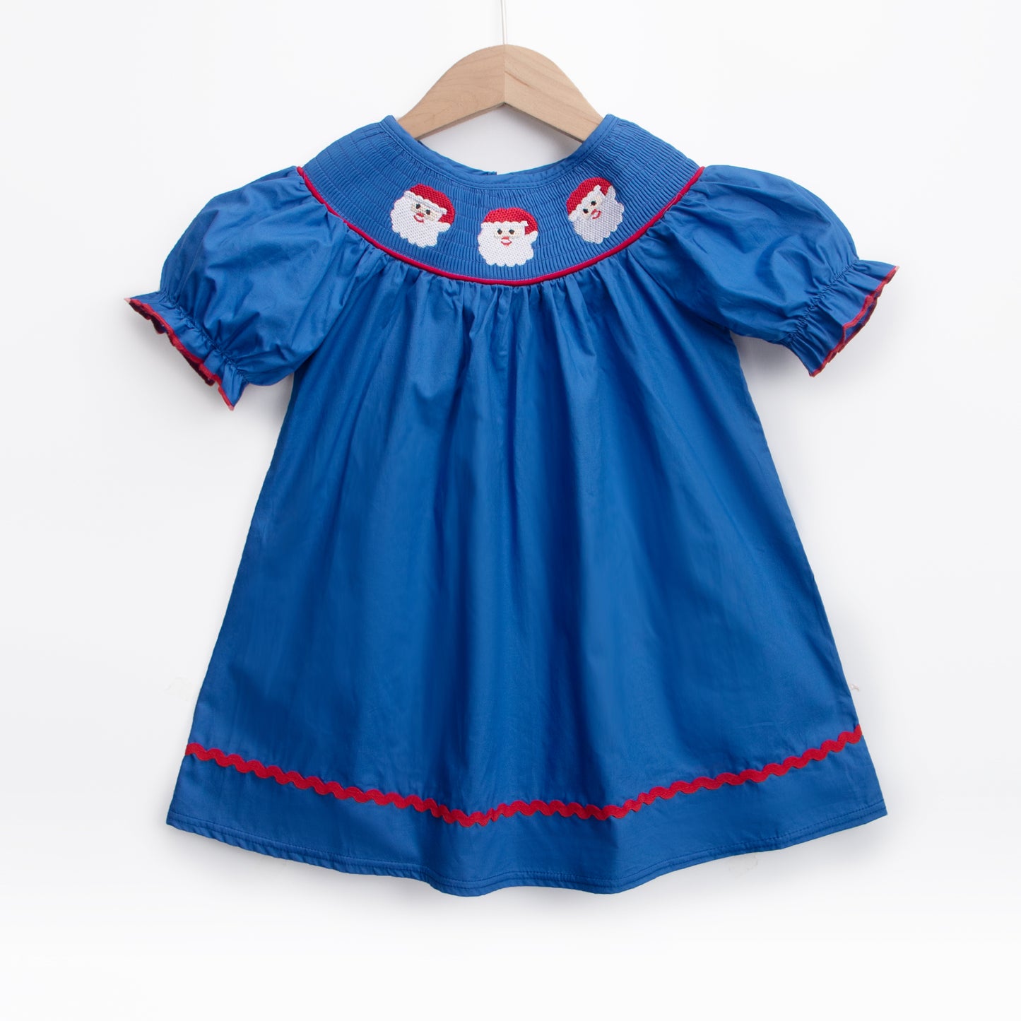 Girls Navy Blue Santa Smocked Christmas Dress With Puff Sleeves