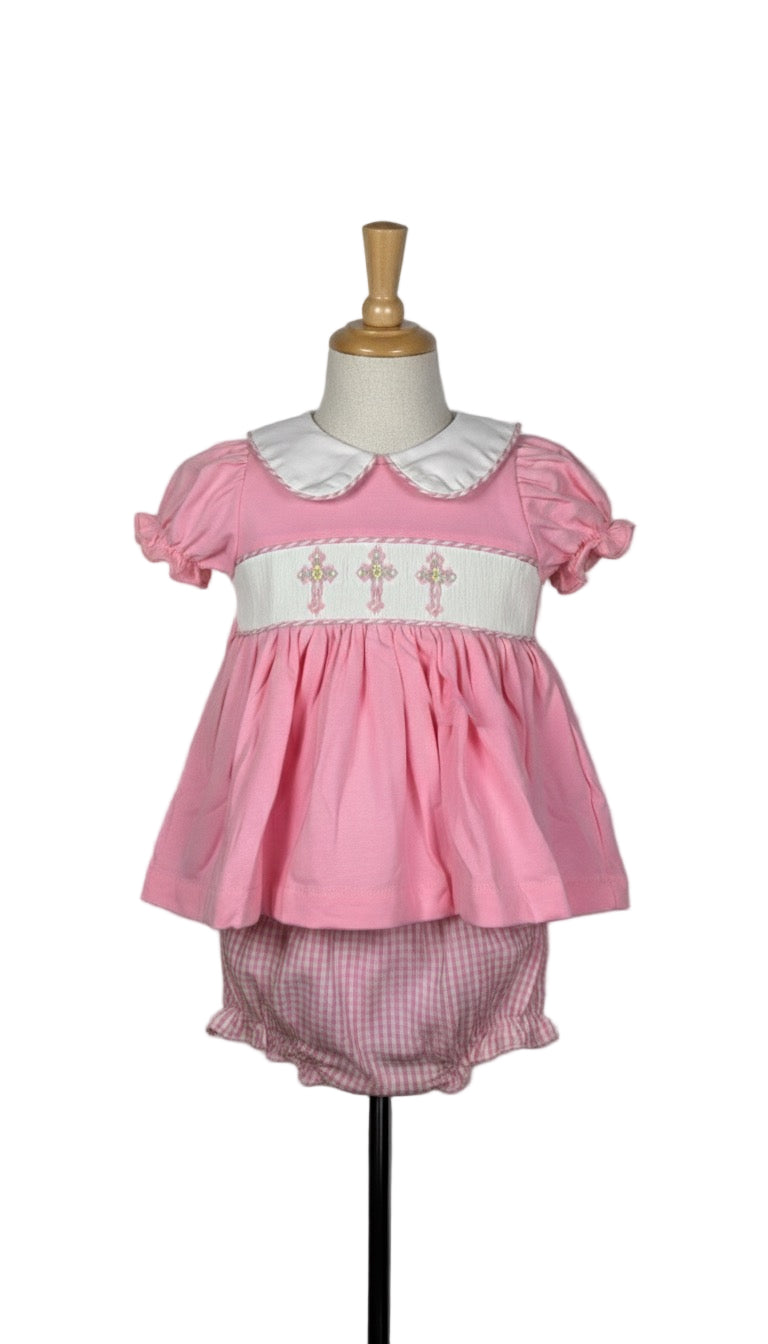 PINK CROSSES HAND SMOCKED DIAPER SET 2 PC