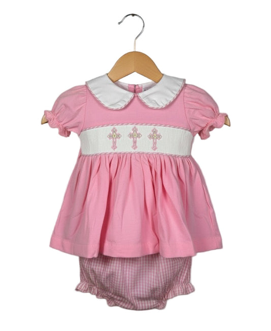 PINK CROSSES HAND SMOCKED DIAPER SET 2 PC
