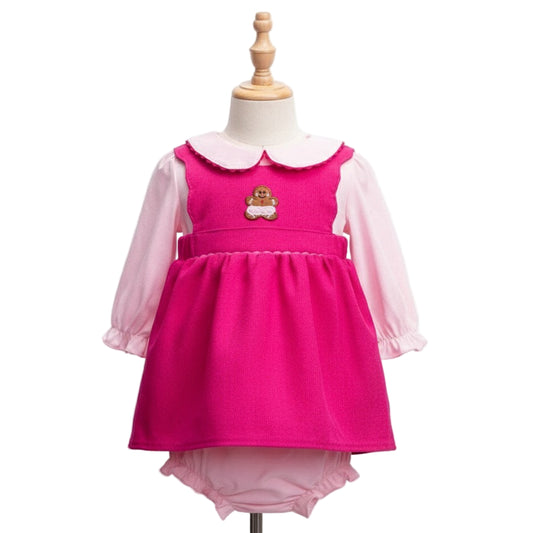 Girls Pink Corduroy Applique Gingerbread Diaper Set With Long Sleeve Top