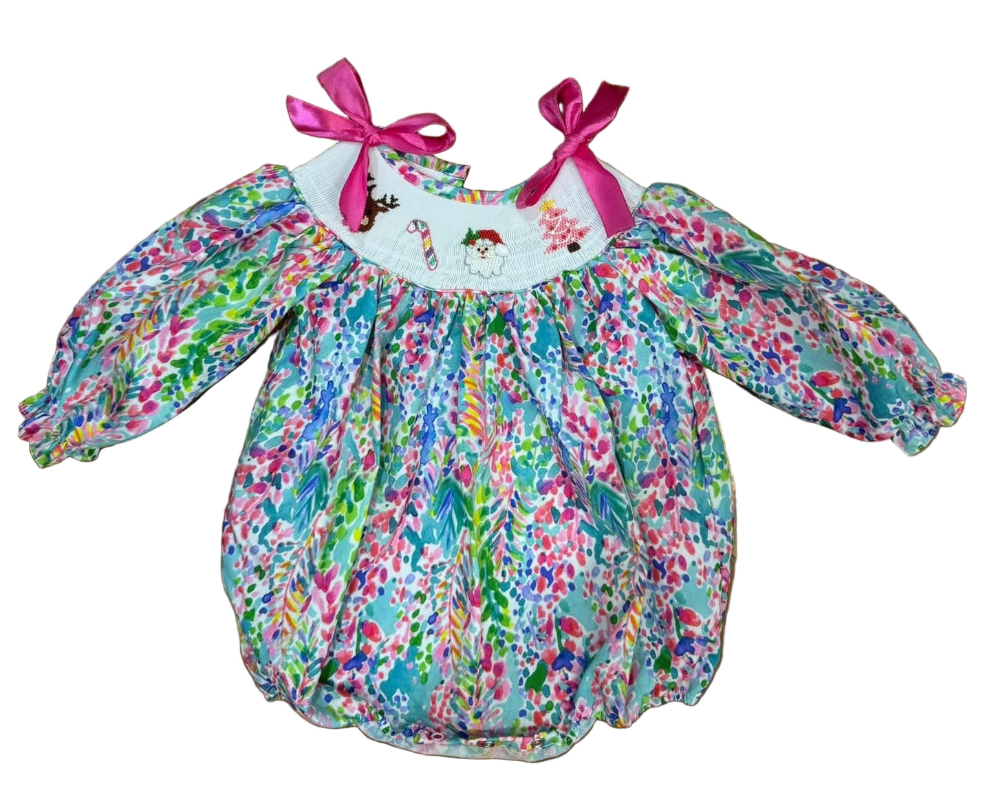 Girls Hand Smocked Hand Embroidered Tropical Palm Beach Santa Bubble