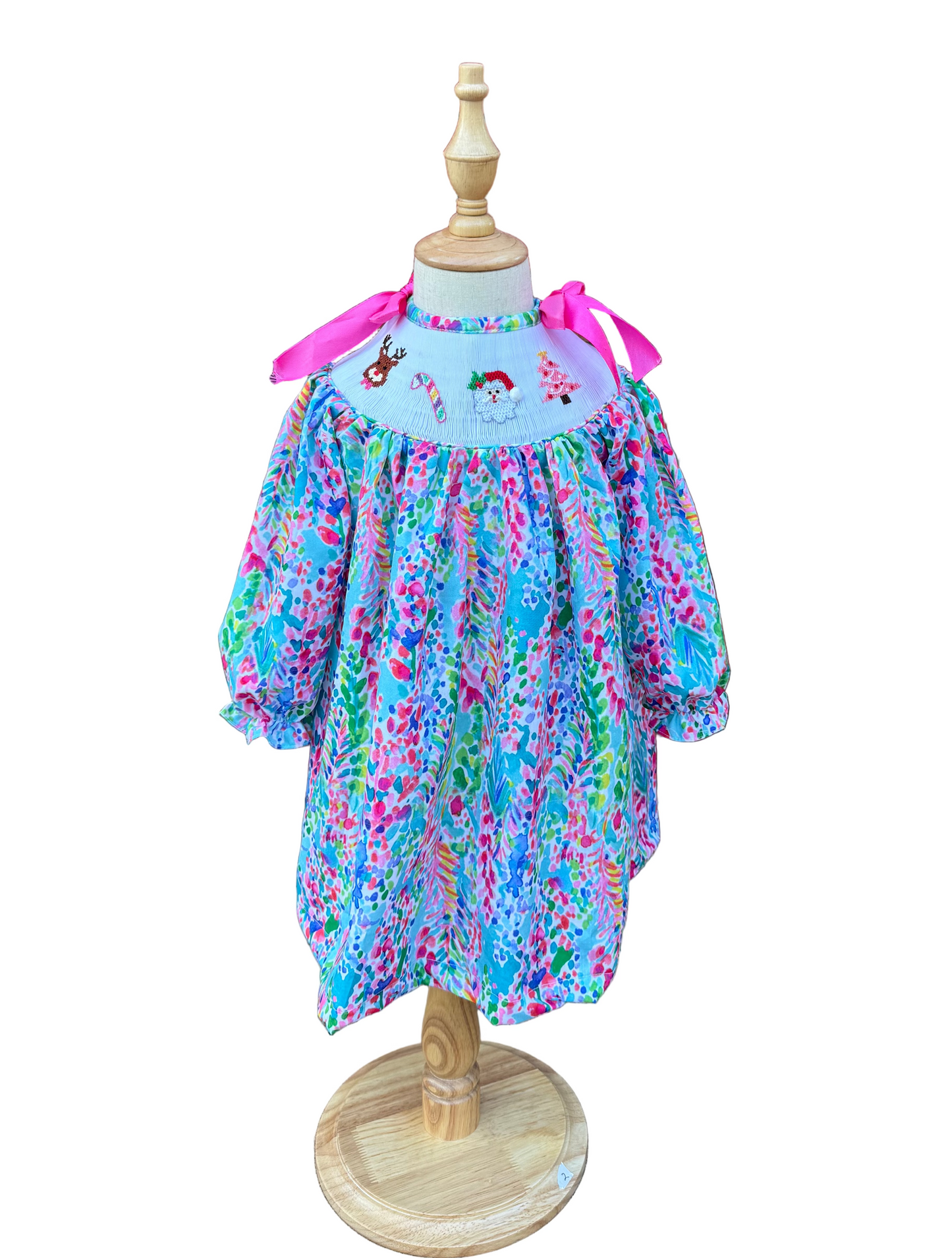 Girls Hand Smocked Hand Embroidered Tropical Palm Beach Santa Dress