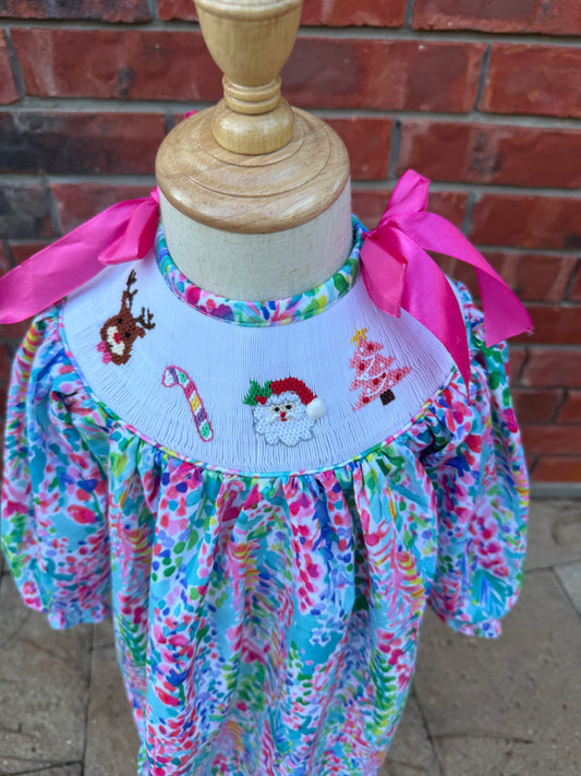 Girls Hand Smocked Hand Embroidered Tropical Palm Beach Santa Dress