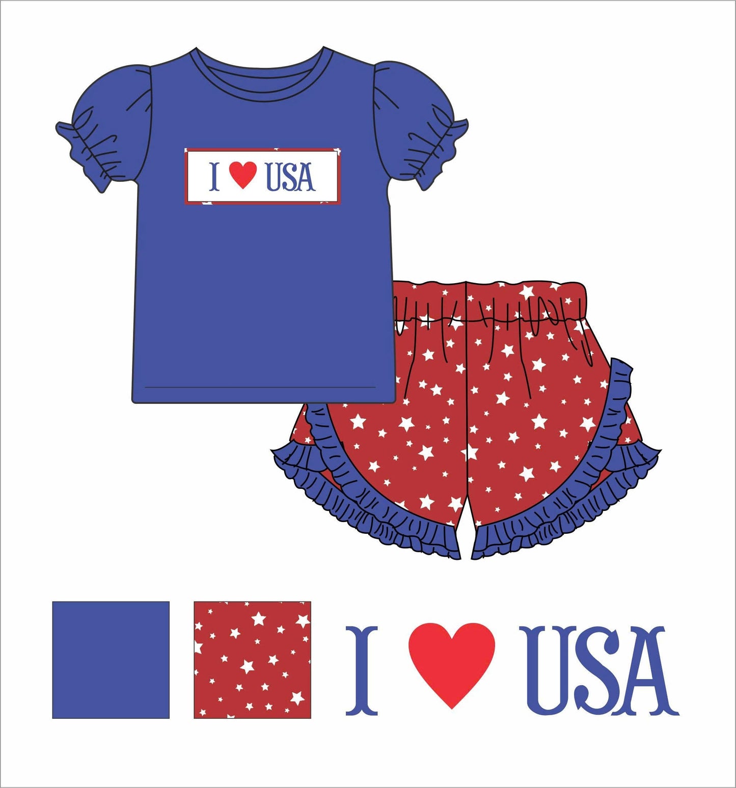 Patriotic Hand smocked - I ❤️ USA - girls shorts set