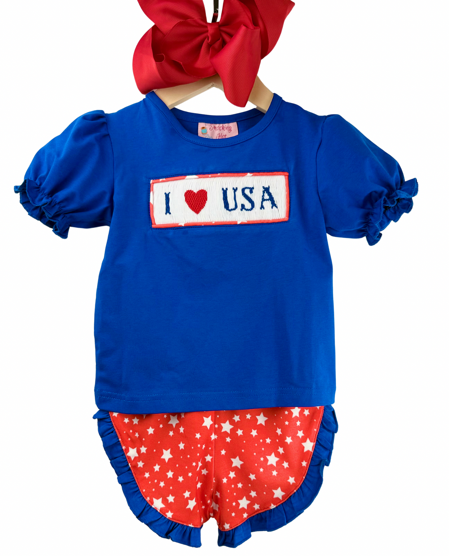 Patriotic Hand smocked - I ❤️ USA - girls shorts set