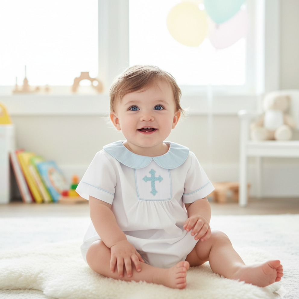 SUNDAY BEST - HAND SMOCKED HAND EMBROIDERED BOYS BLUE CROSS BUBBLE
