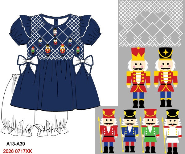 Christmas Girls Navy Blue Nutcracker Hand Smocked Dress & Bloomer Set