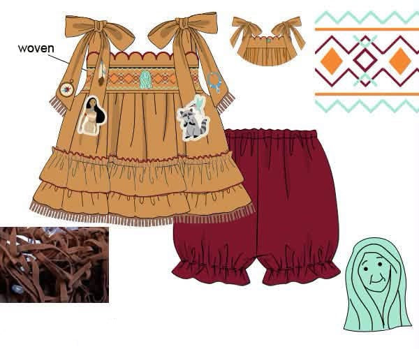 Girls Hand-Smocked Forest Princess Bloomer Set - Tan & Maroon
