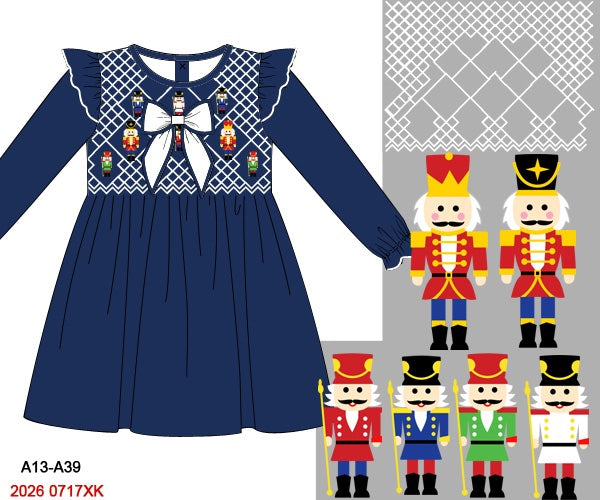 Christmas Girls Navy Blue Long Sleeve Nutcracker Hand Smocked Christmas Dress